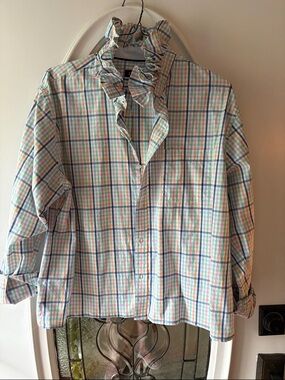 Izod Pastel Plaid Ruffled Collar Shirt - Blue, Pink, Green, Peach